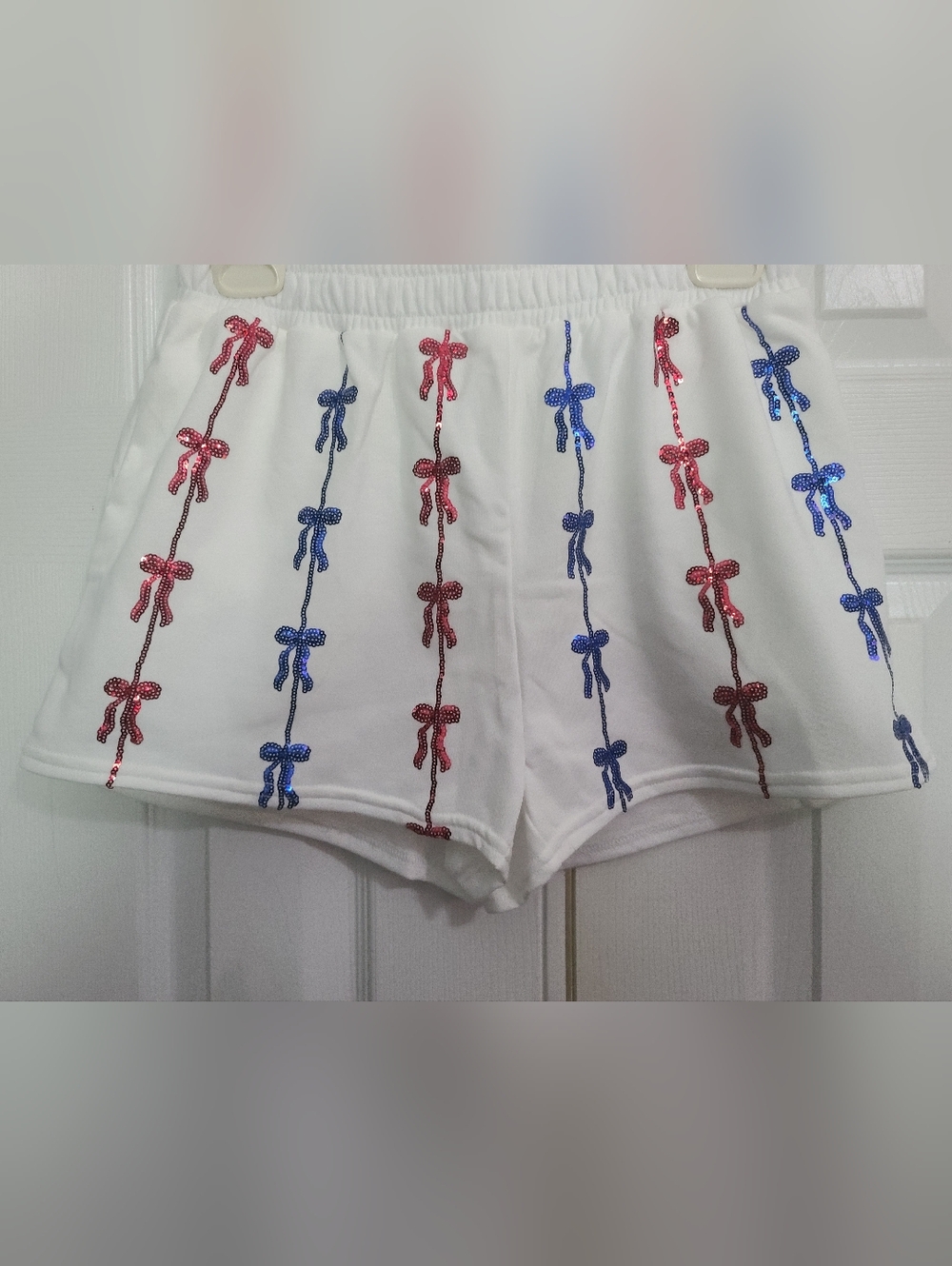 White Sequin Bow Stripe Shorts